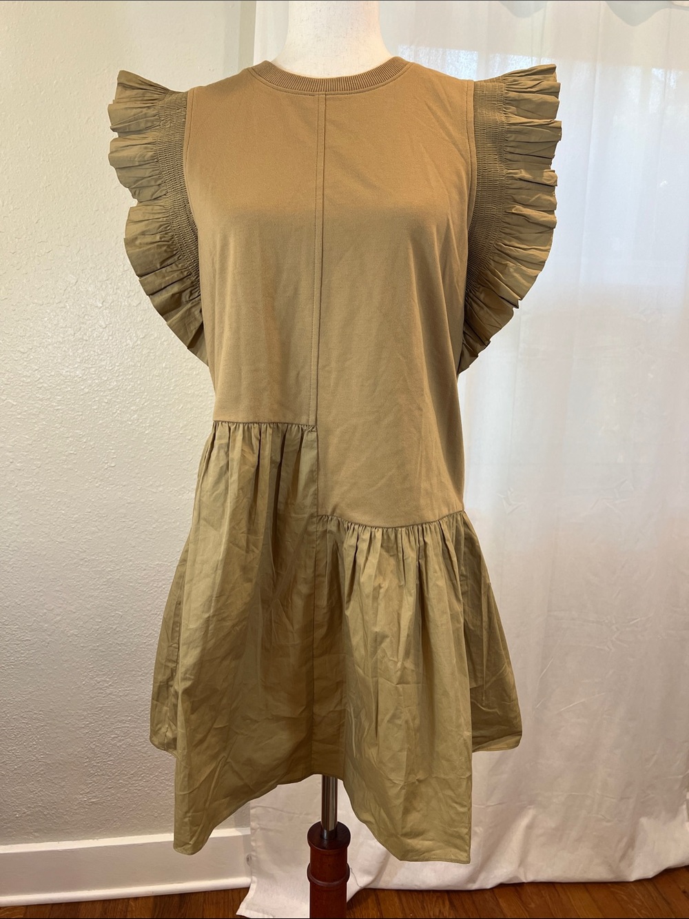 English Factory Tan Ruffle Sleeve Tiered Mini Dress. Size S. NWOT. Oversized